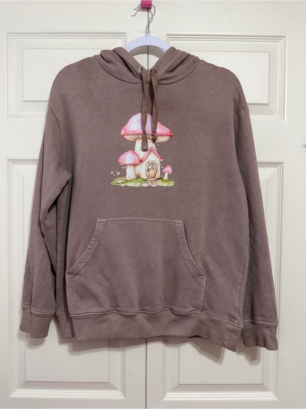 Upcycled Hoodie with Pink Mushroom House Graphic